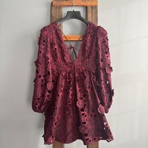 Alter'd State Burgundy Lace 3D Floral V Neck Tie Back Mini Dress Sz L Whimsygoth